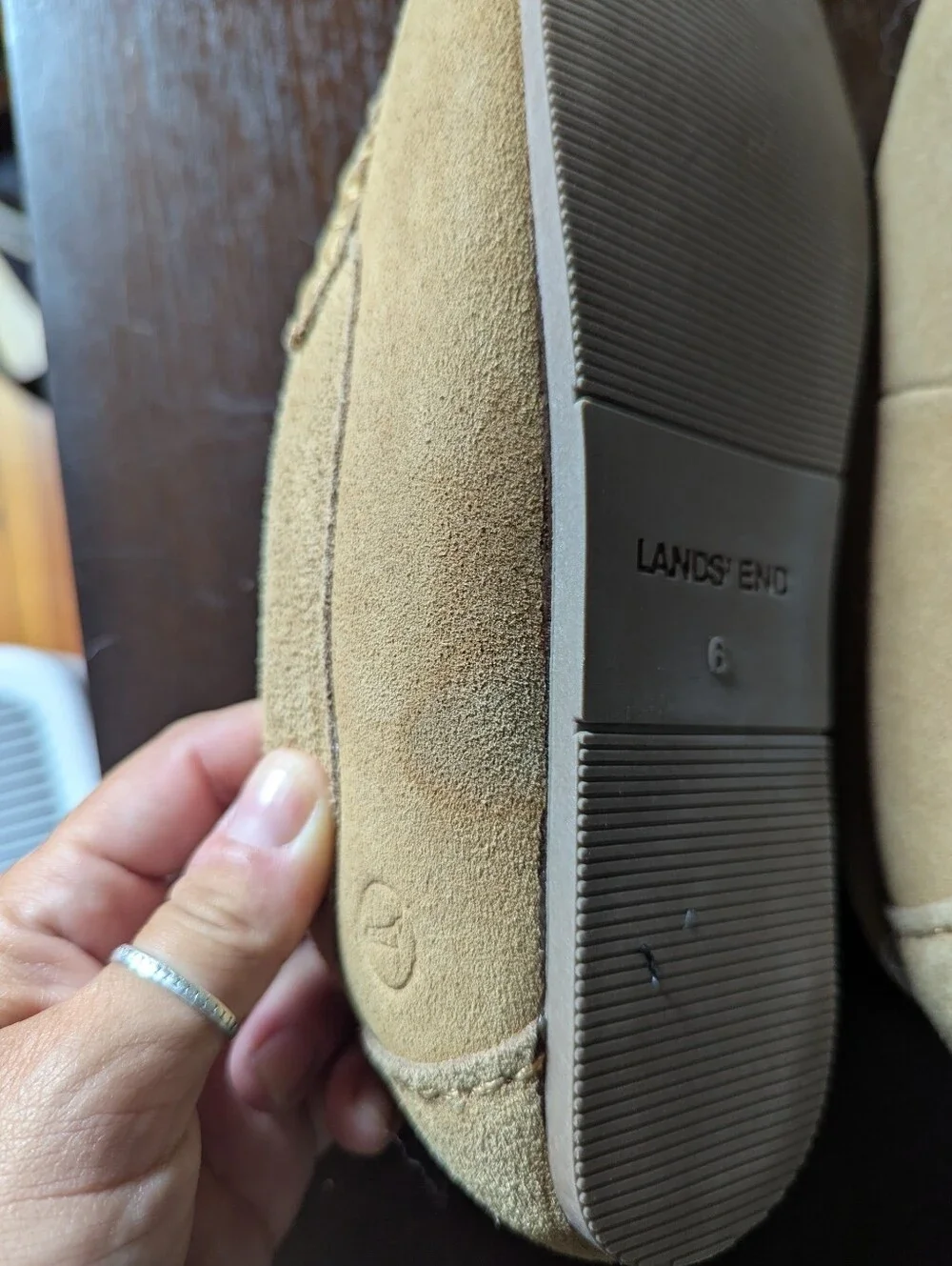 Lands' End Suede Moccasin Slippers in Beige